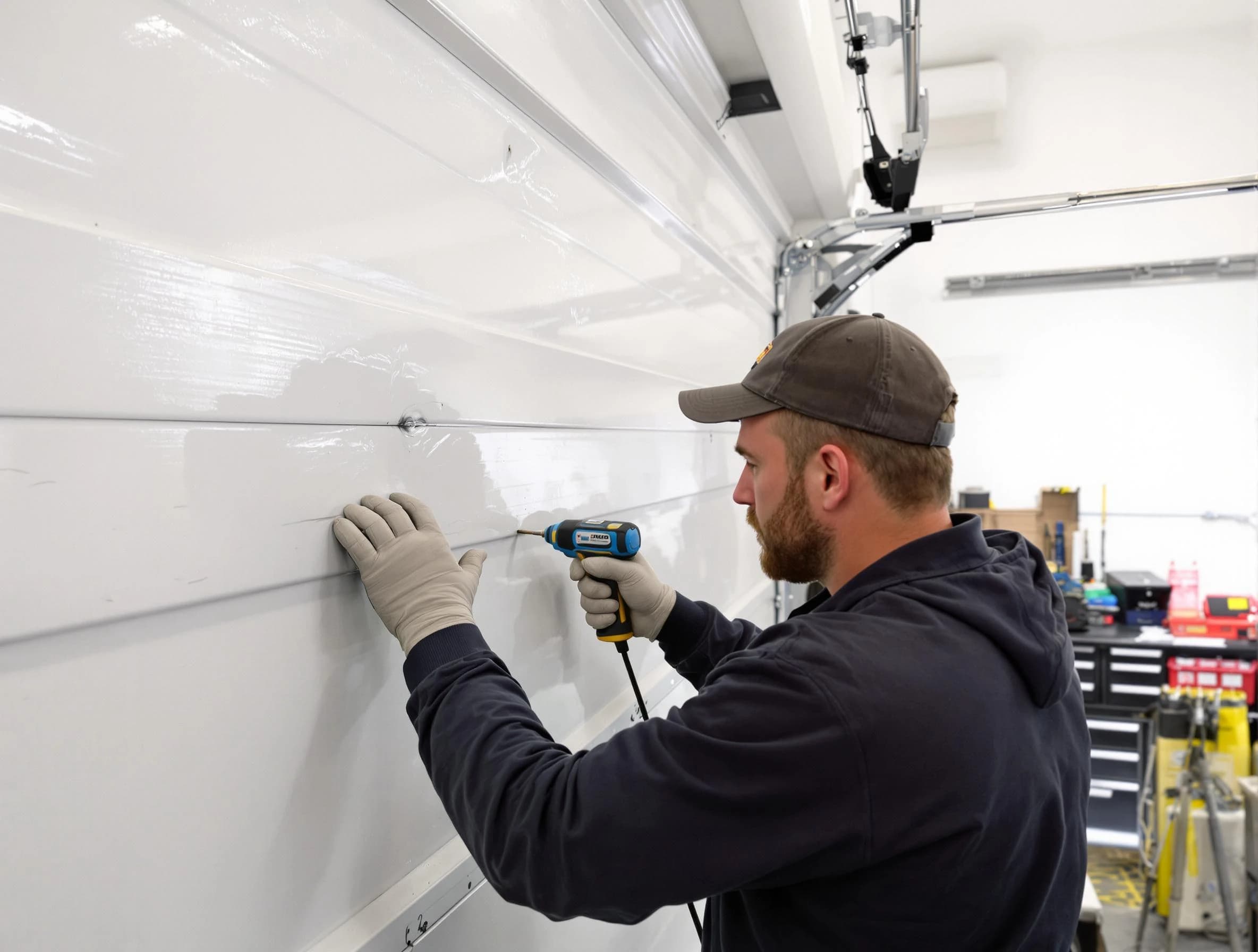 East Orange Garage Door Repair technician demonstrating precision dent removal techniques on a East Orange garage door